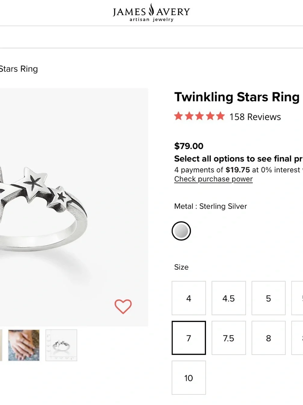 James Avery twinkle star ring size 7